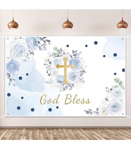 God Bless Round Backdrop Blue White Flowers Baptism Backgrounds For Newborn Baby Shower First Holy Communion Christening Party Decorations Circle Arch Photo Booth Props7.2x7.2ft - View #9