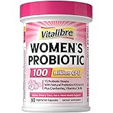 Vitalibre Probiotics for Women 100 Billion CFU 15 Strains, DailyProbiotic & Prebiotic Supplement with Organic Cranberry to SupportVaginal, Digestive, Immune Health, Shelf Stable, 60 Vegan Capsules