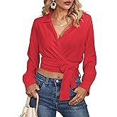 Vrtige Women's Wrap V Neck Self Tie Knot Long Sleeve Blouse Shirt Crop Top