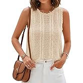 Fisoew Womens Summer Crochet Tank Tops Sleeveless Crewneck Knit Sweater Vest Hollow Out Loose Boho Beach Cover Ups