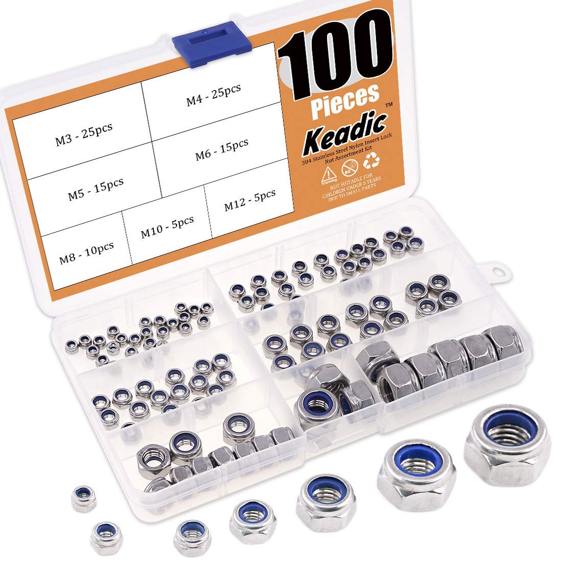 Keadic 100Pcs 304 Stainless Steel Metric Nylon Insert Lock Nut Assortment Kit - 7 Sizes: M3 M4 M5 M6 M8 M10 M12