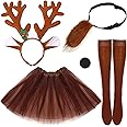 Silkfly 5 Pieces Deer Costume Reindeer Antlers Headband Deer Tail Nose Tutu Skirt Socks Horns Headpiece for Adult Mardi Gras Party Holiday Cosplay Accessories Black