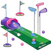 Clemas Kids Toy Golf Set with Dinosaur Automatic Golf Returner, Led Light Up Night Golf Balls, 3 Clubs, Putting Mat, 3-8 Toddler Mini Golf Games, Indoor Outdoor Sports Toys for Boys Girls 3+ (Pink)