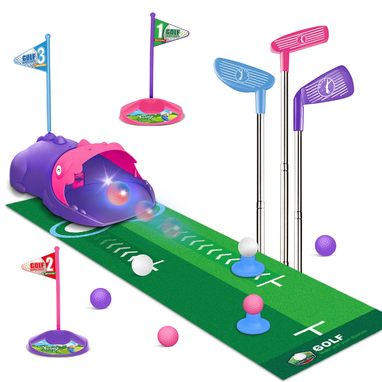 Clemas Upgraded Kids Toy Golf Set with Automatic Ball Returner, Led Light Up Golf Balls, 3 Clubs,Putting Mat, 3-5 Toddler Mini Golf Games, Indoor Outdoor Sport Toys Gifts for Boys Girls Aged 3+ (pink)