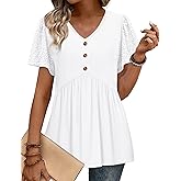 OFEEFAN Womens Summer Tops Babydoll Short Sleeve Shirts Button Down Lace Sleeve Peplum Tunic Tops V Neck T Shirts