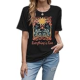 Everything is Fine Women's T-Shirt Sunflower & Wildflower Graphic Tee Print, Casual Short Sleeve Loose Fit Tops/Blouse