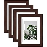 Egofine 5x7 Picture Frames Made of Solid Wood with Plexiglass, Display Pictures 3.5x5/4x6 with Mat or 5x7 Without Mat Set of 4 for Tabletop and Wall Mounting, Walnut Color