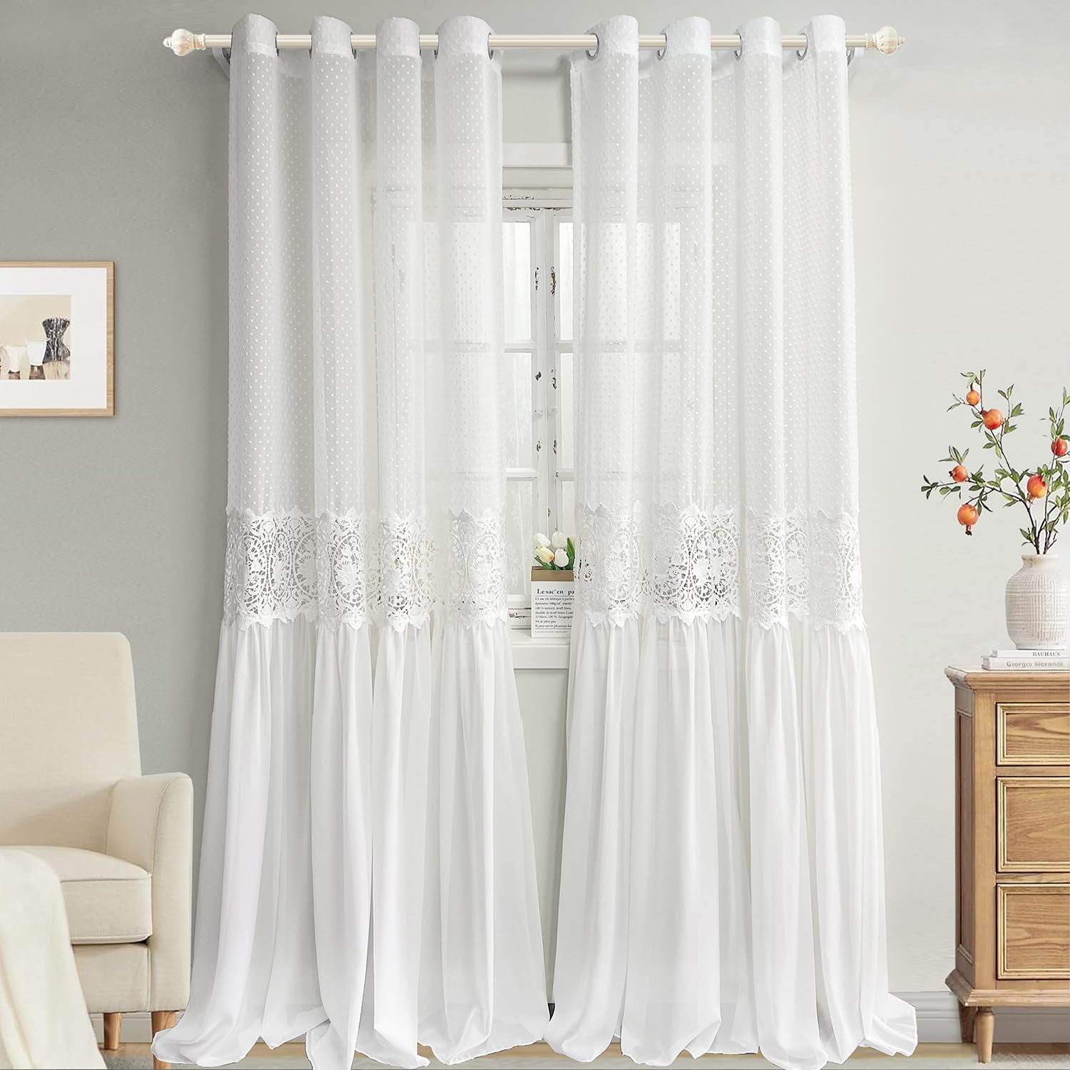 Photo 1 of AiFMQQ Luxury White Pom Pom Sheer Curtains for Living Room Bedroom Hollow Embroidered Lace Curtains Ruffle Light-Filtering Pompom Tulle Drapes for Window Grommet Top 2 Panels (W55 L102 inch,White)
