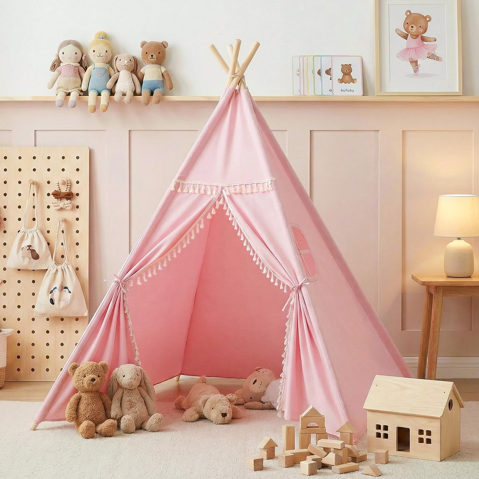 Kids Teepee Tents Indoor: Toddler Tipi Play Tents Cotton Large with Storage Bag Colourful Flags and Window Foldable Pink Playhouse Toys House for Grils Boys Birthday Gift