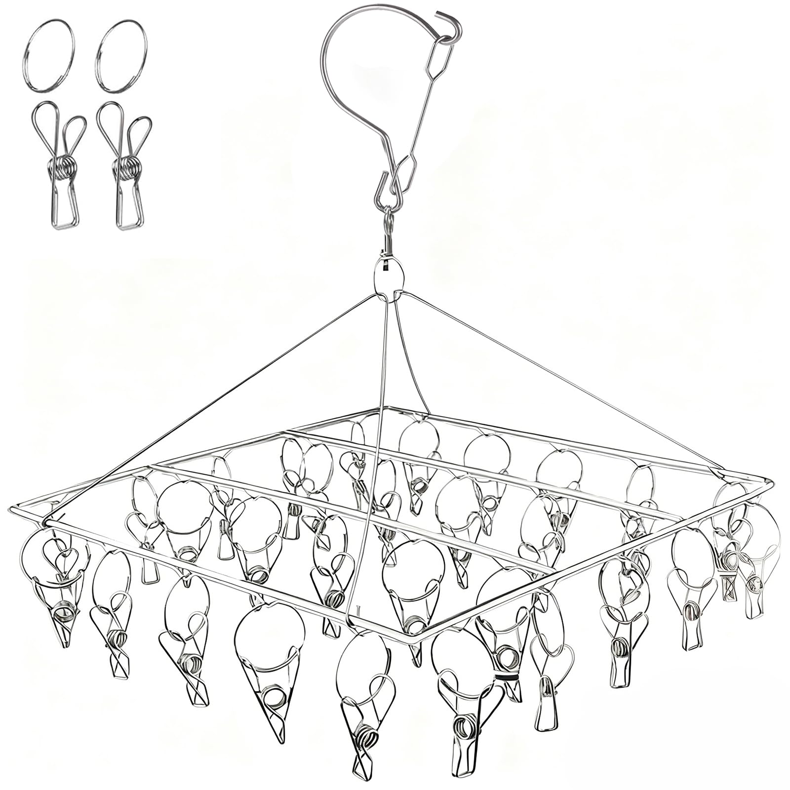 Qualsen Sock Hanger for Washing Line, Underwear Hanger, Folding Dryer, Peg Airer, Stainless Steel Metal Clothes Pegs with 30 Drying Baby Clothes, Cloth Diapers, Towel, Hat, Scarf(Square) (30J-1PCS)