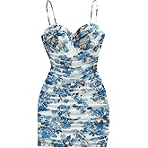 Milumia Women's Floral Print Mesh Cami Mini Dress Ruched Sleeveless Bodycon Summer Short Dresses