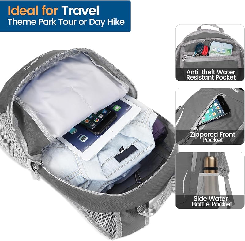 Mochila Plegable Ultraligera - Mochilas de Senderismo Pequeña Mochila Con Resistencia Al Agua 25L Para Hombre Mujer Viaje Trekking Deporte(Gris medio) — foto 3 de 7