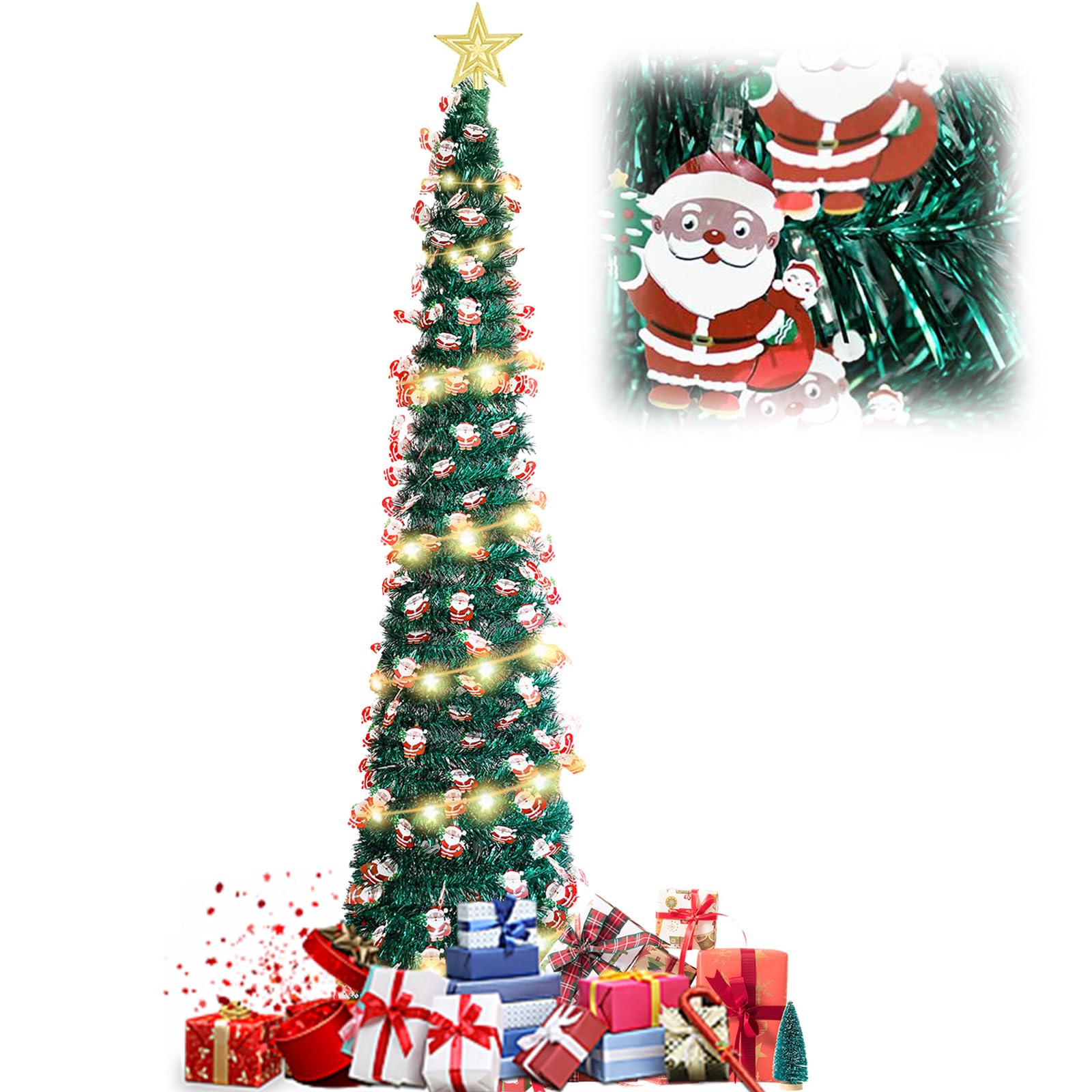 1.5m/5Ft Pop Up Christmas Tree with 16.5 Ft String Lights, Artificial Xmas Tinsel Tree Sequin Decoration Tree for Christmas Indoor Outdoor Holiday Party Office Decoration (Christmas Man Model)