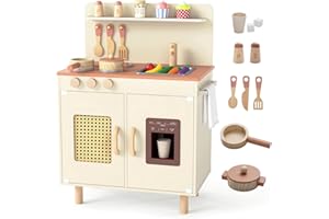 INFANS Play Kitchen for Kids, Wooden Pretend Playset with Rattan Door Realistic Sounds Towel Rack, Toddler Cooking Toy Gift f