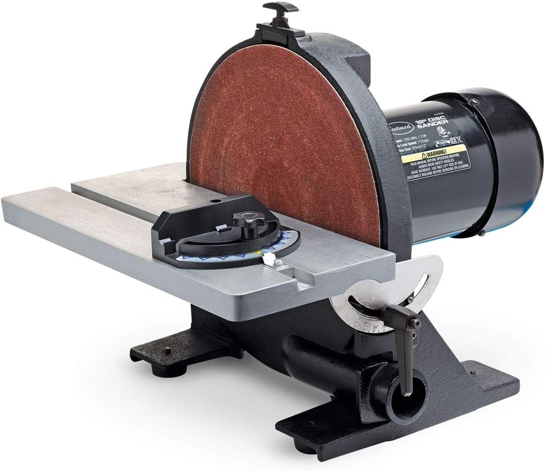 Eastwood 12in Heavy Duty Disc Sander Cast Iron Vacuum Port and Base Adjustable Angle Rubber Feet Vibration Free with Miter Gauge