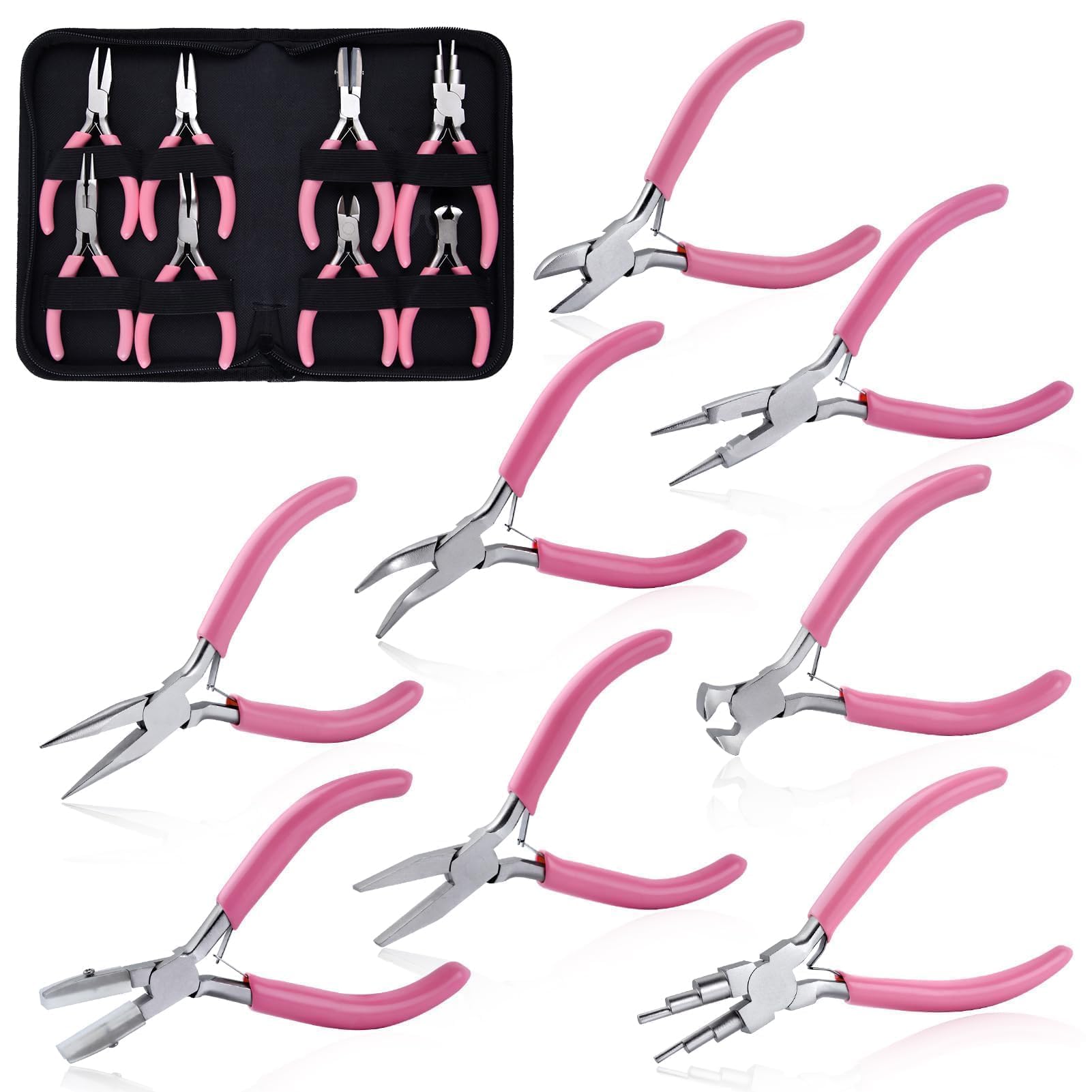 SPEEDWOX 8pcs Jewelry Pliers Set Jewelry Making Tools Nylon Flat Jaw Flat Nose with Smooth Jaw End Cutting Long Bent Nose Diagonal Round 6 in 1 Wire Wrapping Pliers for Beading