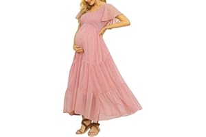 GURUIXU Swiss Dot Smocked Maternity Dress for Baby Shower Photoshoot Casual V Neck Ruffle Sleeve Empire Waist Tiered Boho Dress
