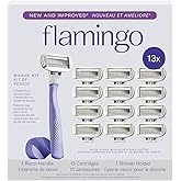 Flamingo Razors for Women, 1 Women's Razor Handle (Lilac), 13 Razor Five-Blade Refills, and 1 Shower Holder