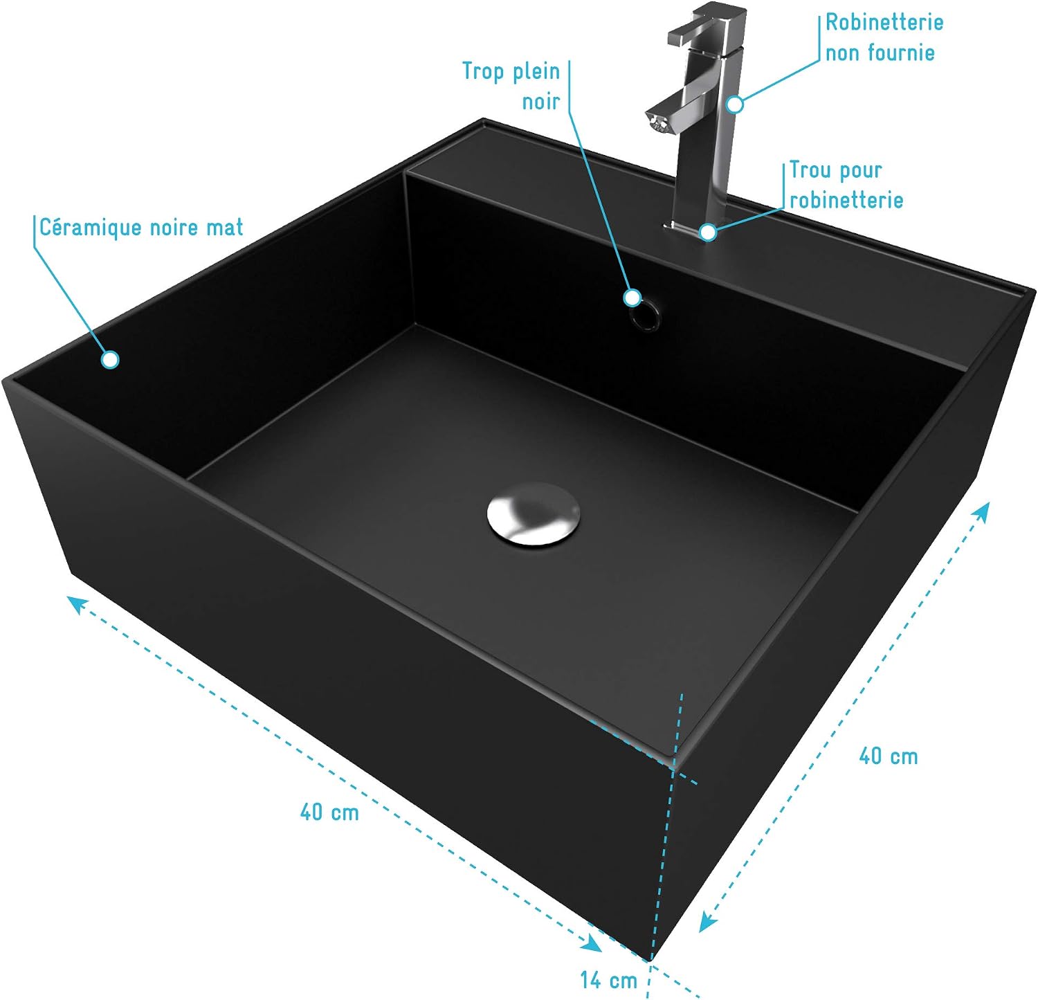 AURLANE Squary Dark Square Ceramic Basin 40 x 40 x 14 cm Black - Image 5