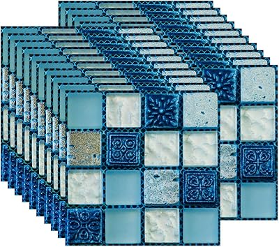 FBBULES 20 Pcs Mosaic Style Self Adhesive Tile Stickers 10x10 cm Blue