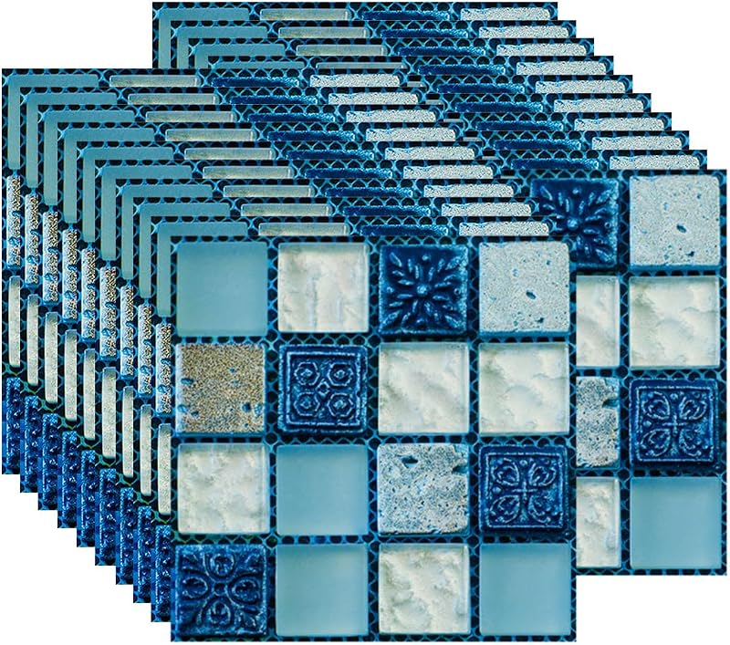 FBBULES 20 Pcs Mosaic Style Self Adhesive Tile Stickers 10x10 cm Blue