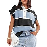 Saodimallsu Women's V Neck Button Down Striped Short Sleeve Knit Sweater