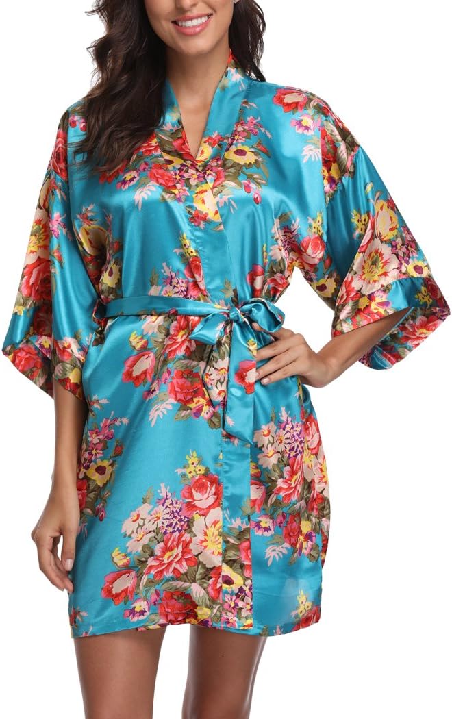 Floral Satin Kimono Robes for Women Short Bridesmaid and Bride Robe for Wedding Party