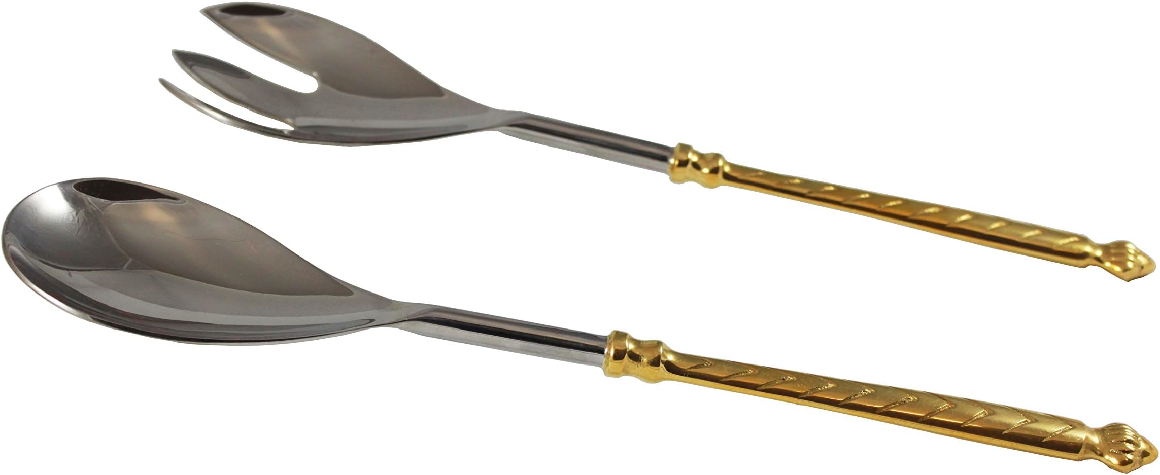 Server Set, Flatware, Serving Spoon and Fork, Carved, 2-piece 18/10 Stainless steel with brass handles (gold finish)