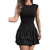 GOKATOSAU Women's Summer Round Neck Cap Sleeve Bodycon Tiered Ruffle Hem Mini Dress