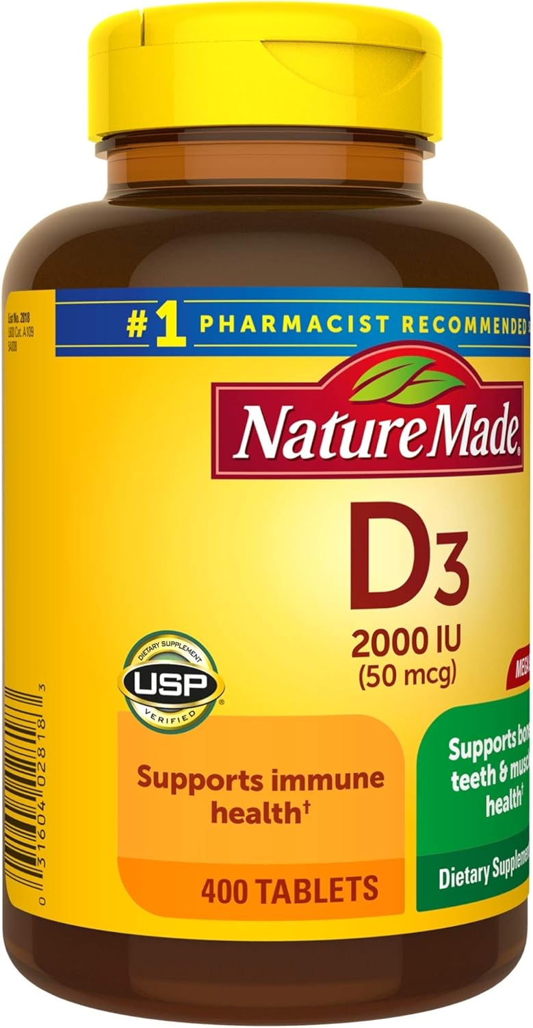 Nature Made Vitamin D3, 400 Tablets Mega Size, Vitamin D 2000 IU (50 mcg) Helps Support Immune Health, Strong Bones and Teeth, & Muscle Function, 250% of Daily Value for Vitamin D in One Daily Tablet: Health & Personal Care