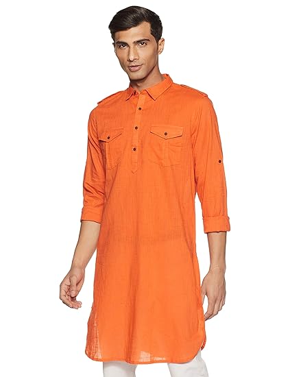 Men's cotton pathan suit Kurta (SS19/NAY-1002 C_ Orange_ Small)