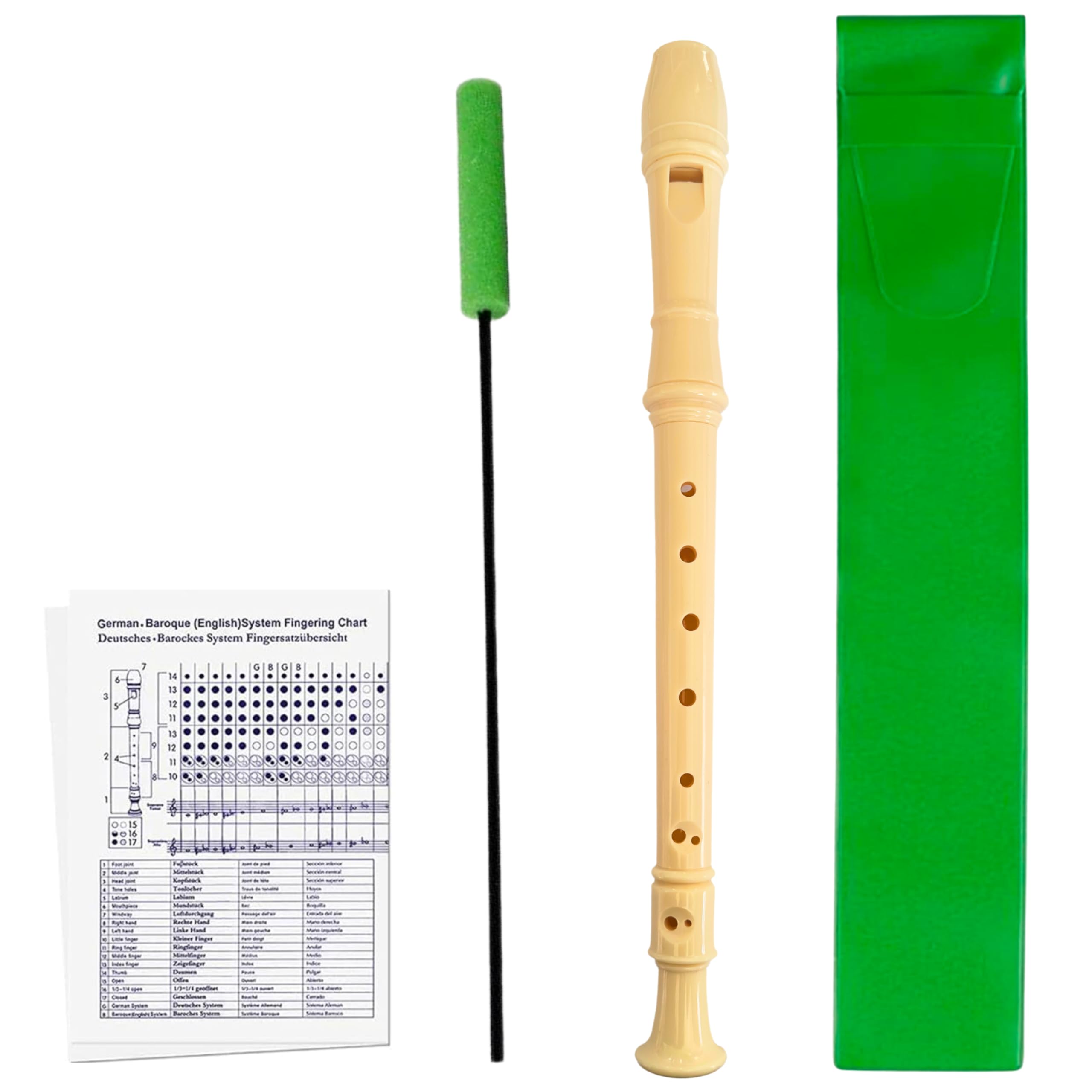 Soprano Recorder Pack with School Flute Cleaner, Finger Board and Case School Flute Case, Green Color School Flute for Beginners and Children.