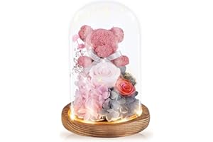 ADDWel Roses Gifts for Women Birthday - Unique Birthday Gifts for Girlfriend Mom Wife Sister Romantic Preserved Pink Rose with Cute Eternal Moss Bear in Glass Dome, Great Presents for Her Anniversary