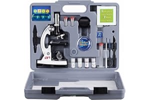 AmScope 120X-1200X 52-pcs Beginner Microscope STEM Kit with Metal Body Microscope, Plastic Slides, LED Light and Carrying Box (M30-ABS-KT2-W),White