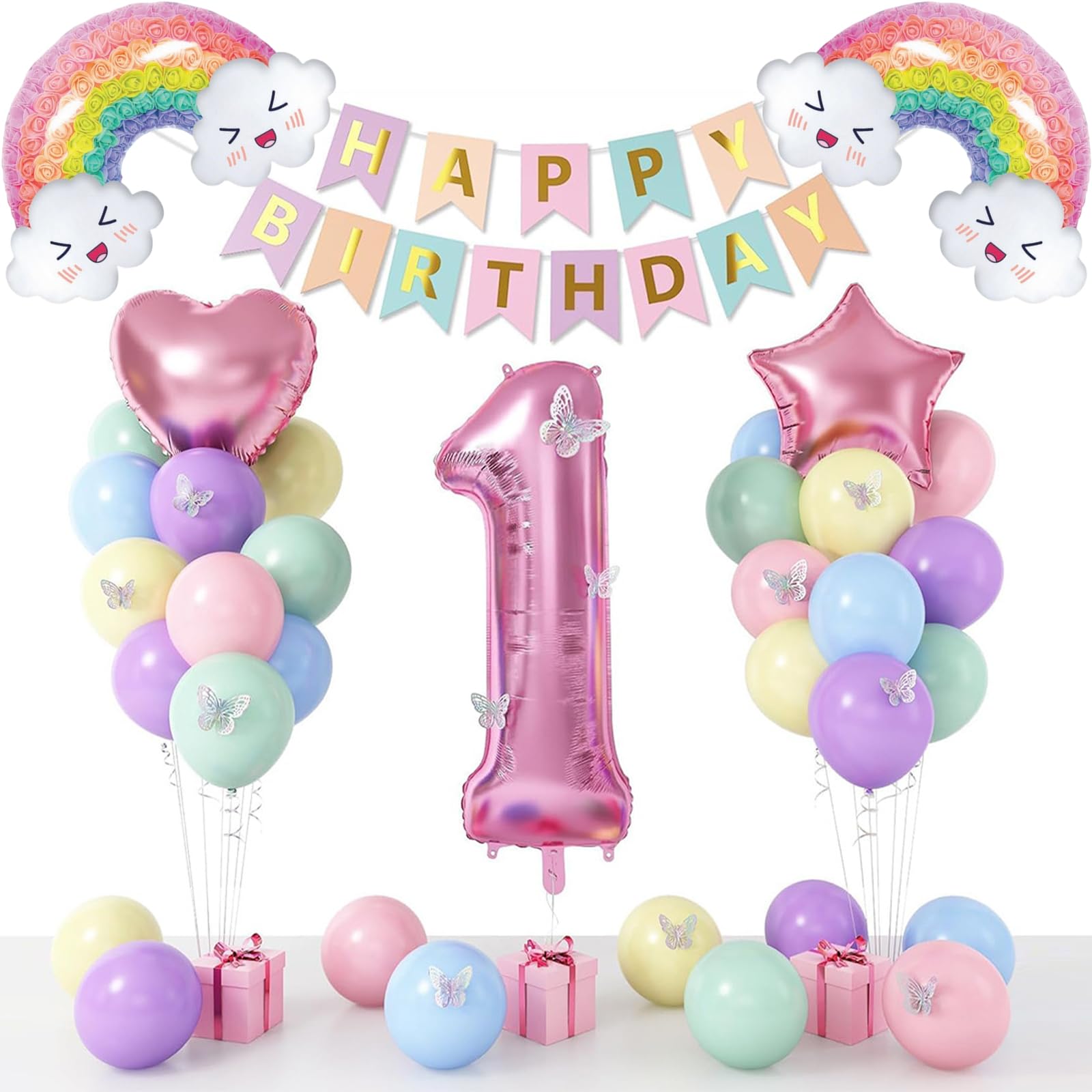 Rainbow Birthday Decorations Balloons for Girls 1st Birthday - 34PCS Aluminum Foil & Latex Balloon Set with Banner, Number 1 Balloon, Butterflies for Party Decorations
