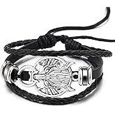 COOLSTEELANDBEYOND Circle of Wolf, Black Braided Leather Bracelet Multi-Strand Leather Wristband Wrap Bracelet for Men