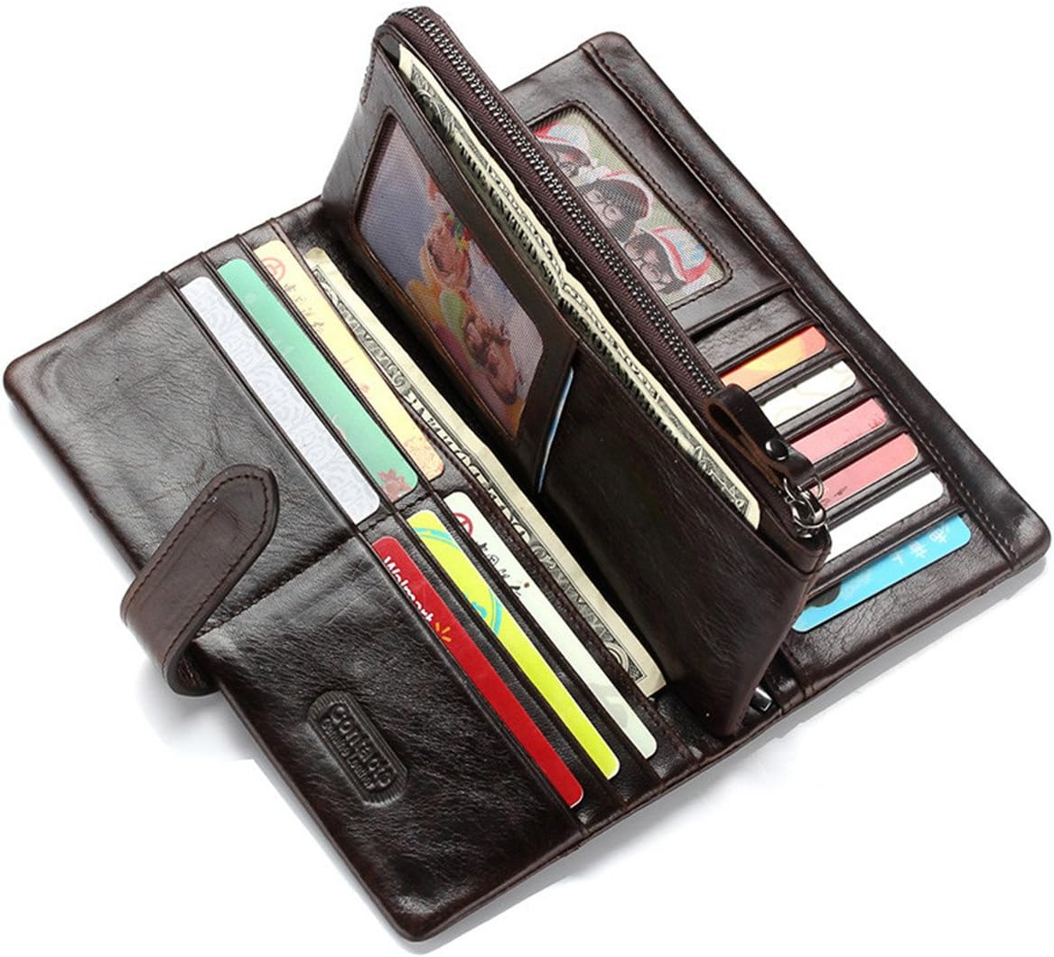 CONTACTS Mens Leather Wallet Purse with Zip Pocket Womens Secretary Phone Pocket Long Wallet (Coffee) - Image 3