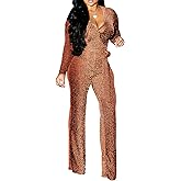 LightlyKiss Women Casual Sexy V Neck Sparkly Jumpsuits Long Sleeve Onesie Loose Pants Party Clubwear with Belt
