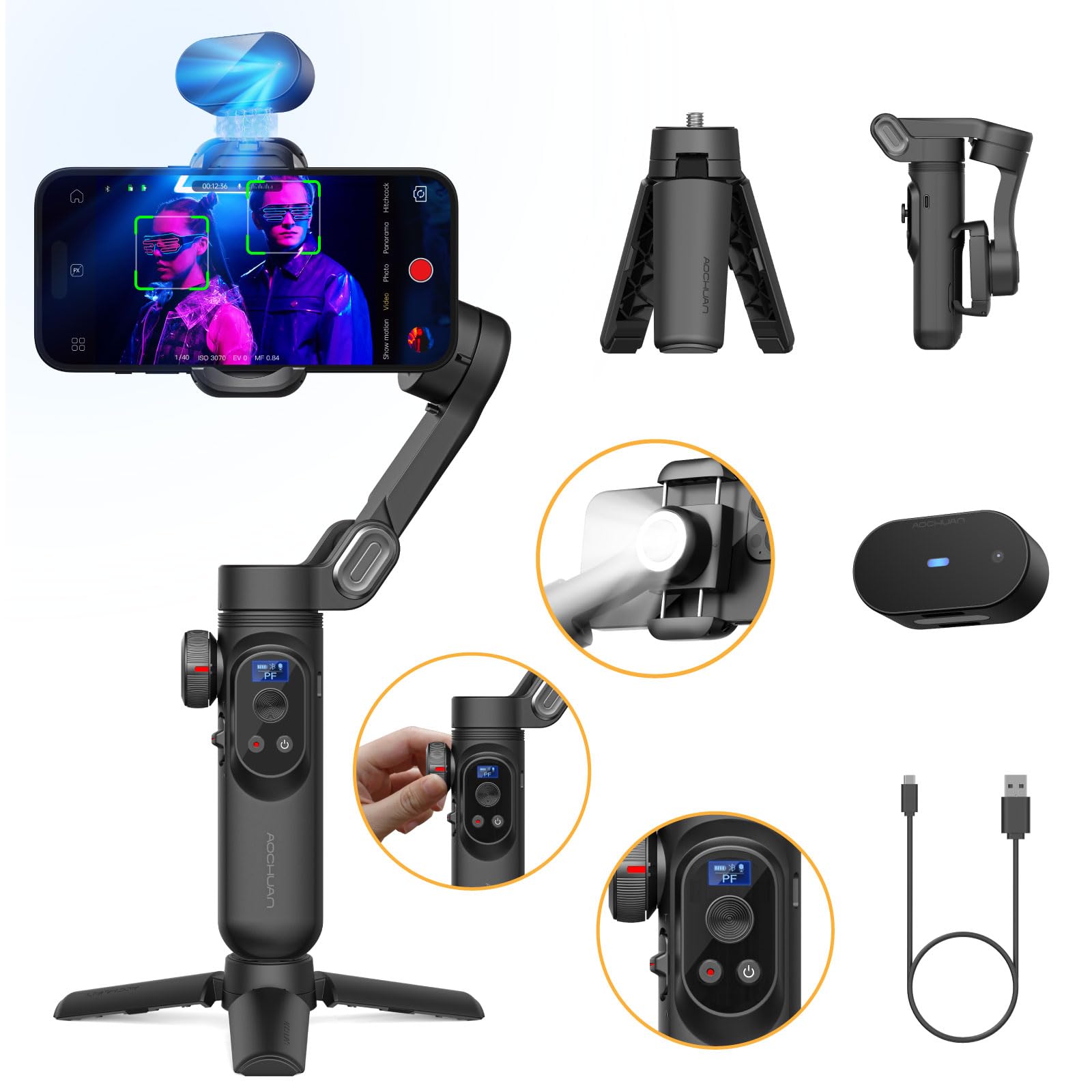 AOCHUAN Gimbal Stabilizer for iPhone, Gimbal w/AI Vision Sensor for Face Tracking, 3-Axis Phone Stabilizer w/Wireless Charging for Vlog Recording, Compatible with iPhone/Android-Smart AI XPro Black