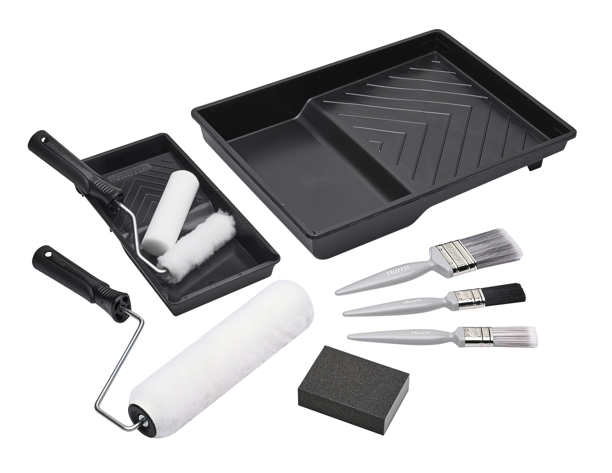 Harris Walls & Ceilings Essentials Decorating Set | 11 Pieces | 9" Roller Sleeve, 4" Roller Sleeve, Sanding Block, 3 Paint Brushes