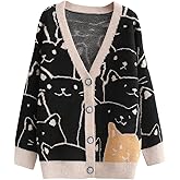 ebossy Women's Kawaii Cartoon Cat Cardigan Japanese Aesthetic Button Down Jacquard Knit Sweater Coat