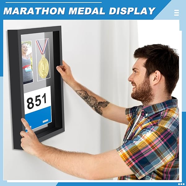 RATTANVIEW MEDAL DISPLAY FRAME SHADOW BOX 3 IN 1 MARATHON MEDAL AND PHOTO DISPLAY FRAME CASE 17 X 12.5 INCH BLACK WOOD AWARD STORAGE BOX FOR RUNNERS, RACE BIBS ALL SPORT WINNER, MILITARY AWARD(BLACK)
