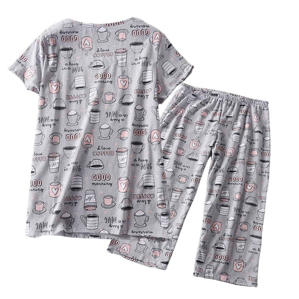 ENJOYNIGHT Women\'s Print Tee Sleepwear and Shorts Nightgown Pajama Set (L/XL, Grey Cup)