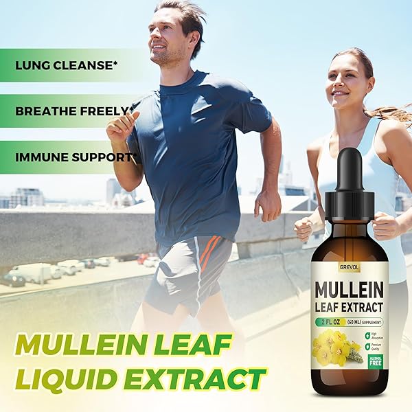 GREVOL MULLEIN DROPS FOR LUNGS, ORGANIC MULLEIN LEAF EXTRACT FOR LUNGS DETOX WITH CHLOROPHYLL HERBAL SUPPLEMENT, MULLEIN TINCTURE FOR RESPIRATORY& IMMUNE SUPPORT, NON-GMO VEGAN, 2 FL OZ
