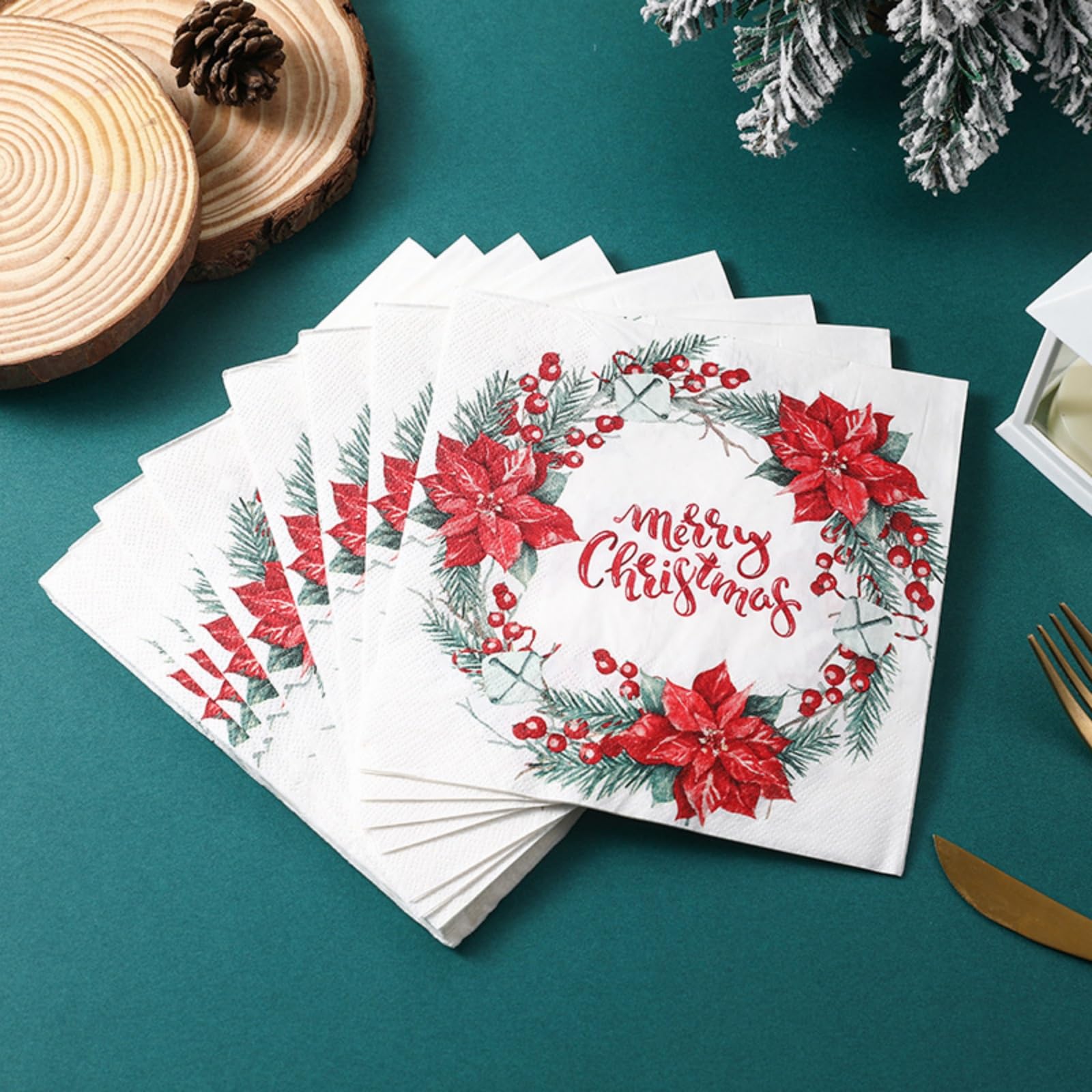 View 1 of 13x13" Christmas Napkins - 20-Pack Double Ply Tissue with Holly Berries & Poinsettias Motifs | 6.5in Folded Party Decor Unscented Dinner Paper