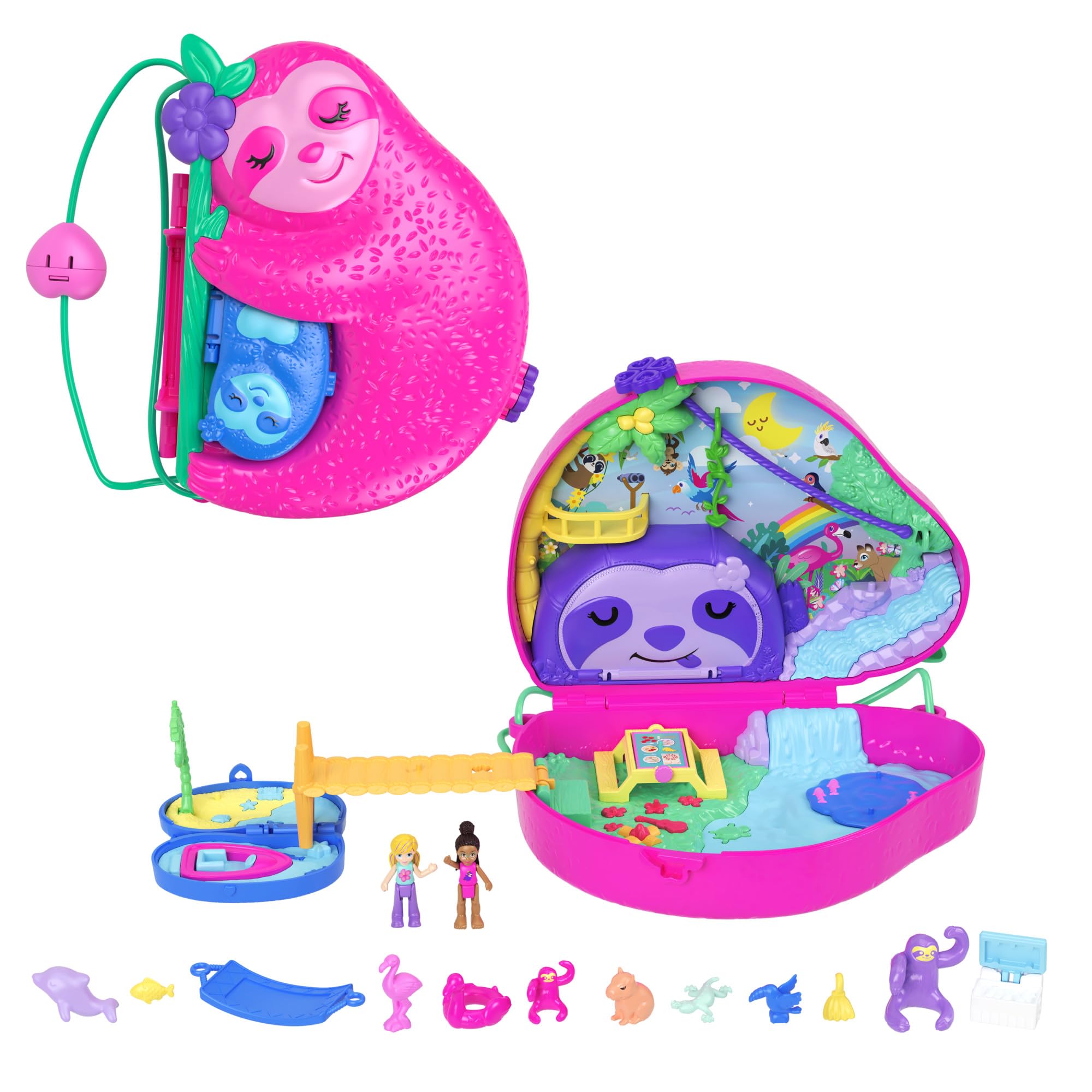 Polly Pocket Playset and Travel Toy with 2 Micro Dolls and 12 Accessories, Animal Toy, Sloth 2-in-1 Purse Compact, HRD40 — image 1