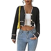 SweatyRocks Women's Long Sleeve Crop Sweater Cardigan Casual V Neck Ribbed Knit Sweater Button Down Cardigan Outwear