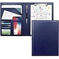 WAVEYU Padfolio Clipboard Folder Portfolio, Faux Leather Storage Clipboard with Cover for Letter Size A4 Writing Pad Pen Holderfor Business School Office Conference Notepad Clip Boards, Blue