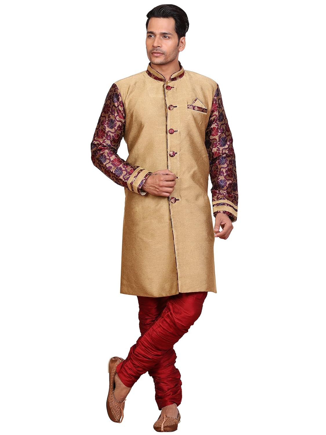a.b.c. garmentsgolden sherwani with maroon printed sleeve for mens