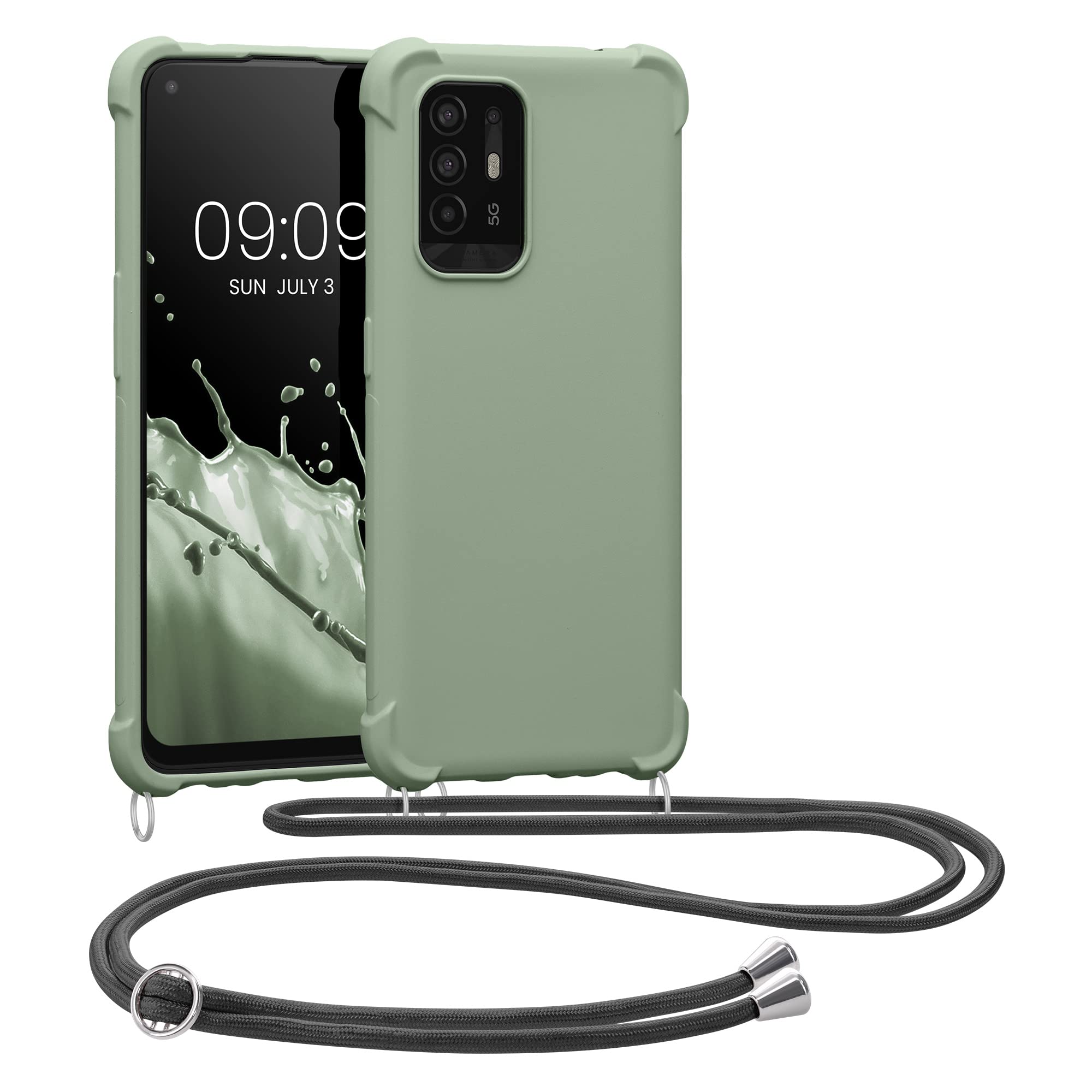 kwmobile Crossbody Case Compatible with Oppo A94 (5G) Case - TPU Silicone Cover with Strap - Gray Green